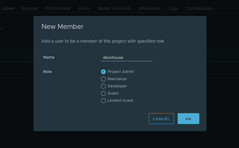 Selecting a user role in a Harbor project...