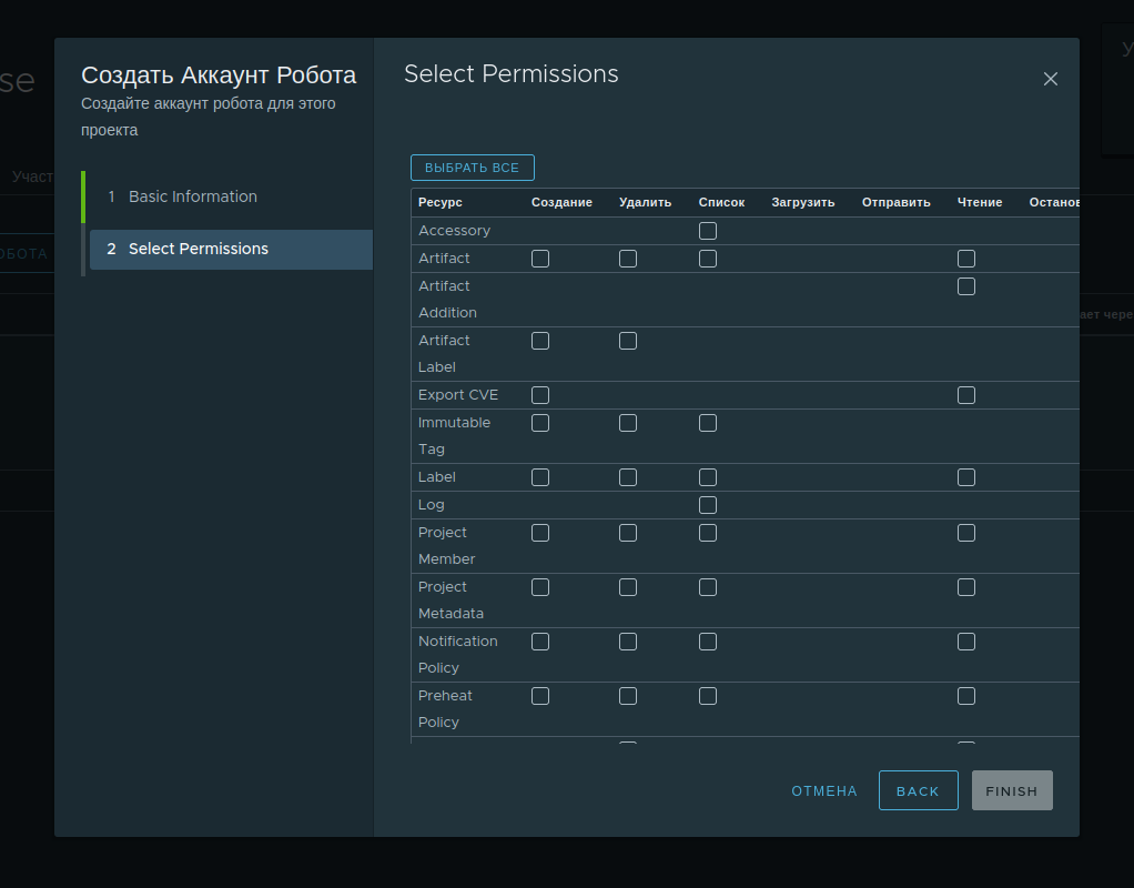 Harbor robot account permissions...
