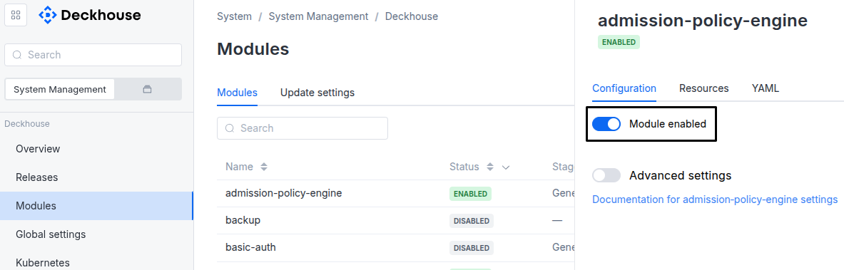 Module enable/disable interface