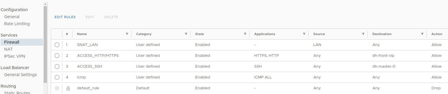 Configuring the edge gateway firewall, step 1