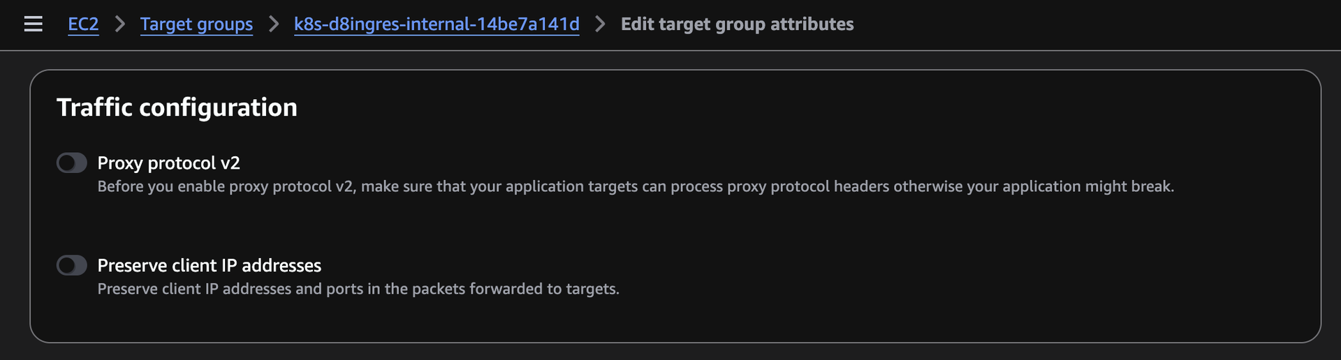 Preserve client IP addresses setting in the AWS web console