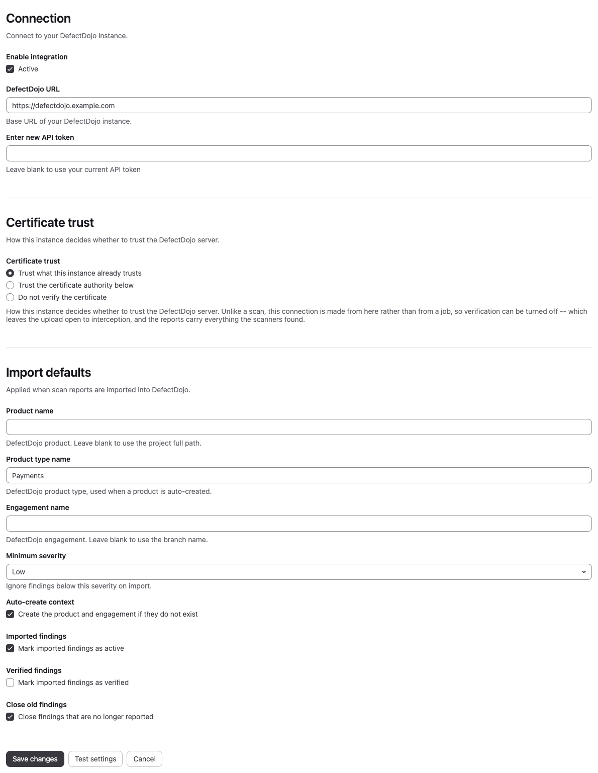 DefectDojo integration form