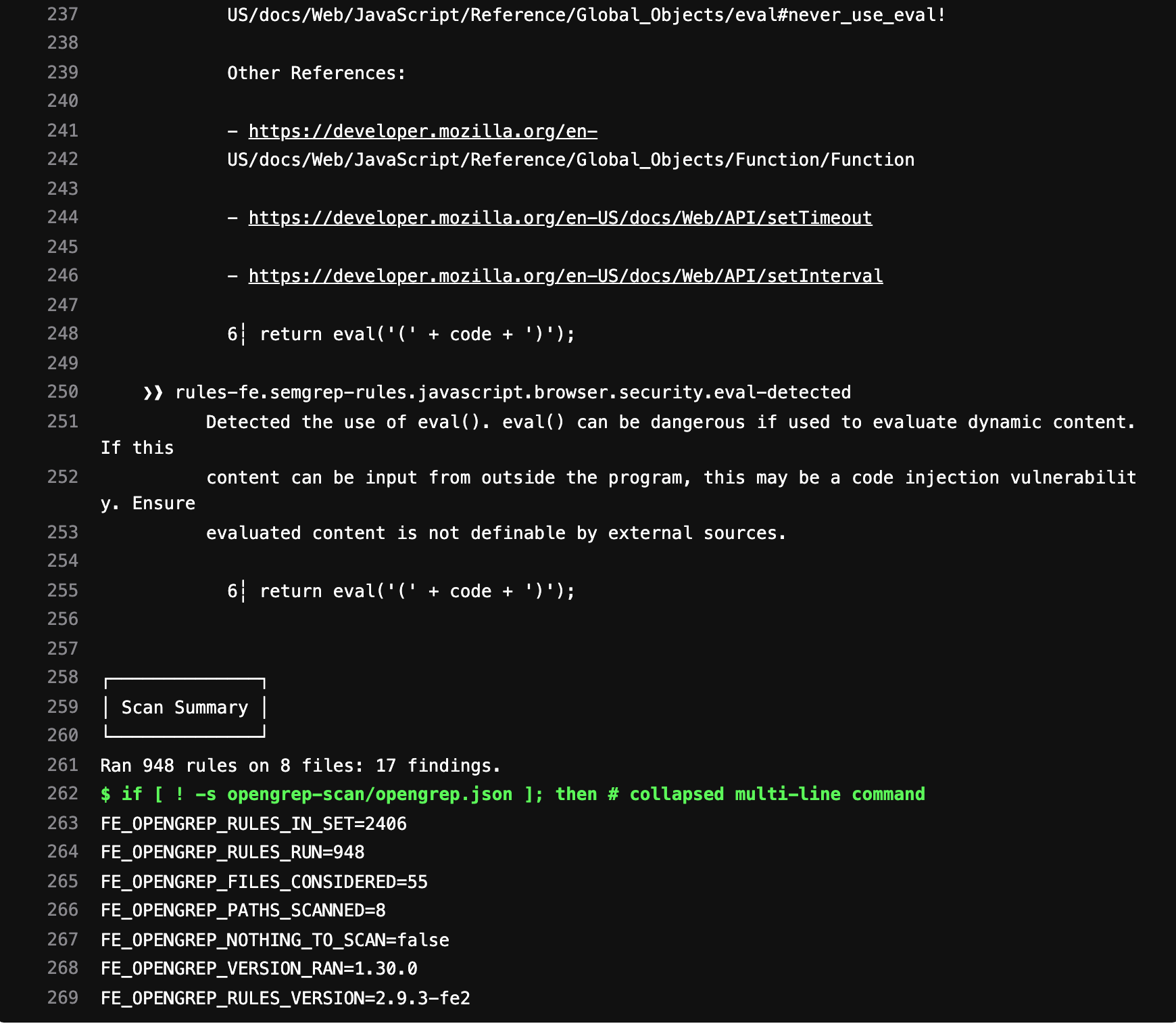 The tail of a scan job’s log, with the “Scan Summary” block and the coverage variables it writes