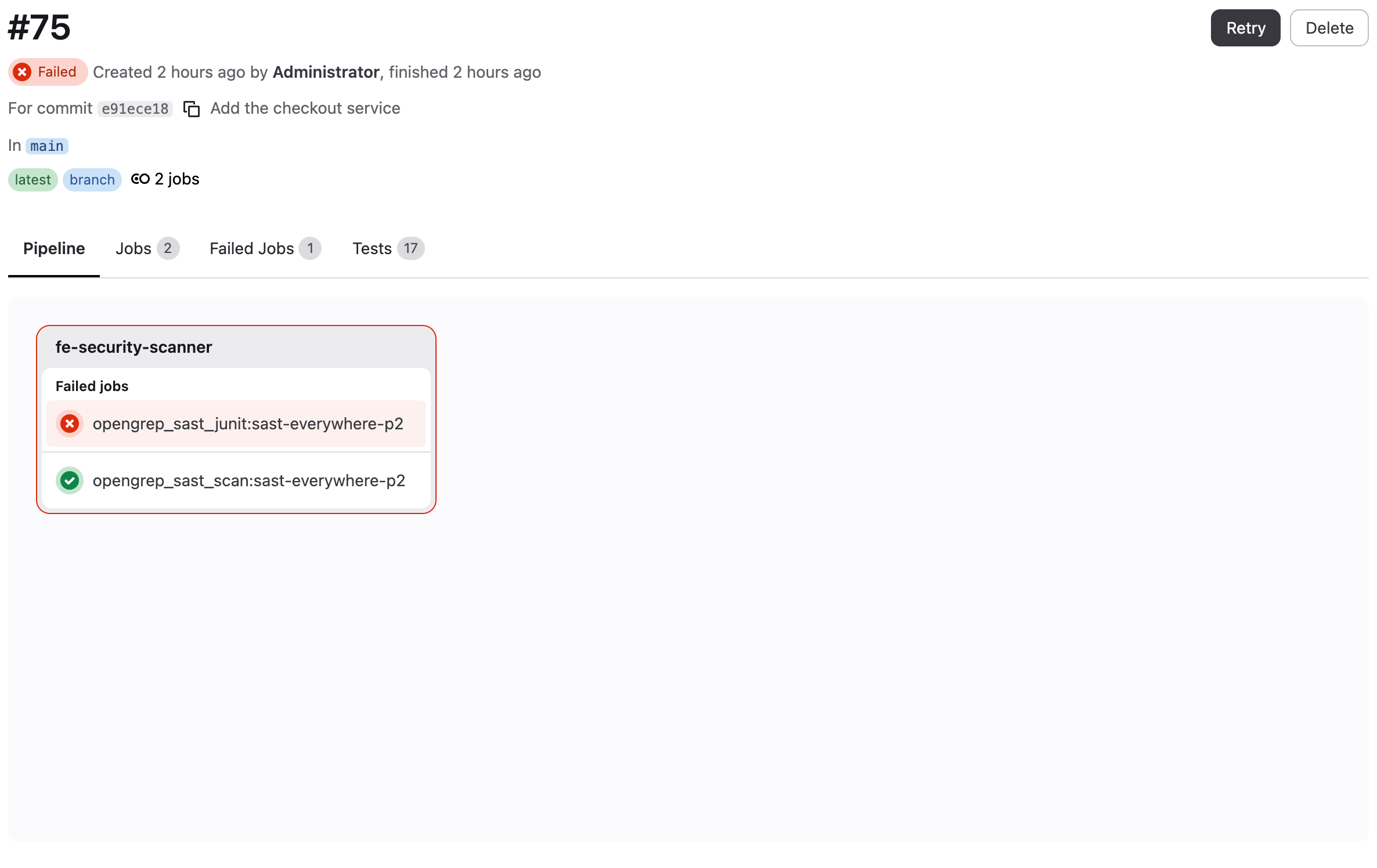 The two opengrep_sast jobs in the “fe-security-scanner” stage of a pipeline