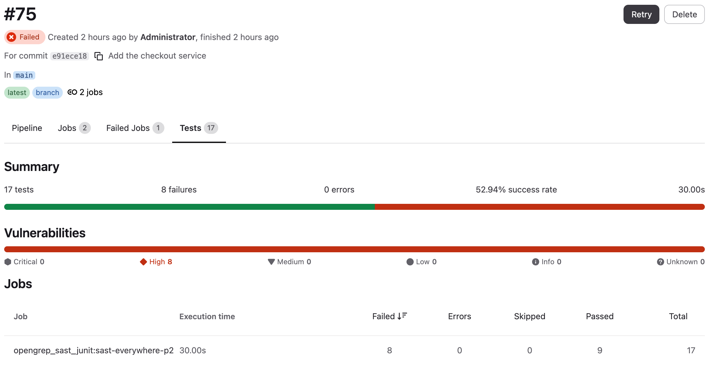 The “Tests” tab of a failed pipeline on main: “Summary” with 17 tests, 8 failures, 0 errors and a 52.94% success rate; “Vulnerabilities” with 8 at “High” and none at any other level; the “Jobs” table with one row for opengrep_sast_junit:sast-everywhere-p2, 8 failed, 9 passed, 17 total