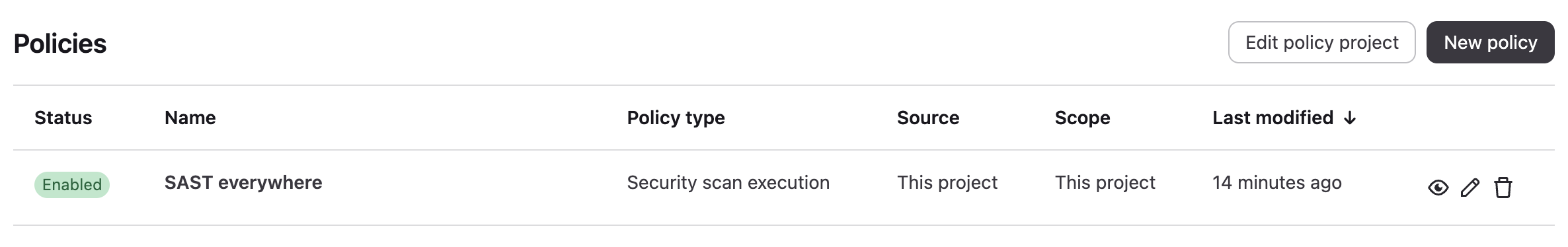 The project’s “Policies” page: the “Edit policy project” and “New policy” buttons, and one row for the enabled “SAST everywhere” policy of type “Security scan execution”