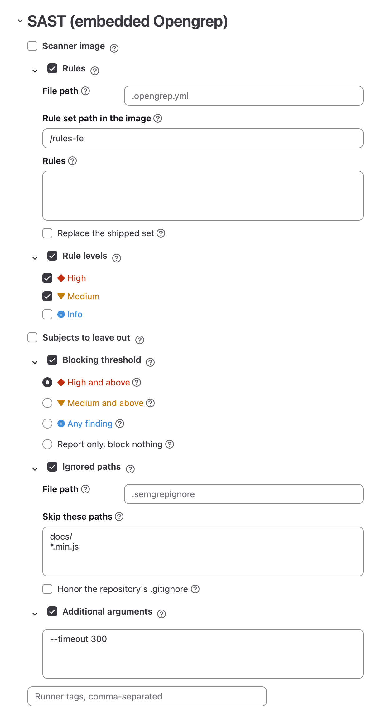 The same groups unfolded, plus “Additional arguments” ticked with --timeout 300: “Rules” showing the default rule set path /rules-fe with “File path” empty, “Rule levels” with “High” and “Medium” ticked and “Info” unticked, “Blocking threshold” set to “High and above”, and “Ignored paths” excluding docs/ and *.min.js with “File path” empty