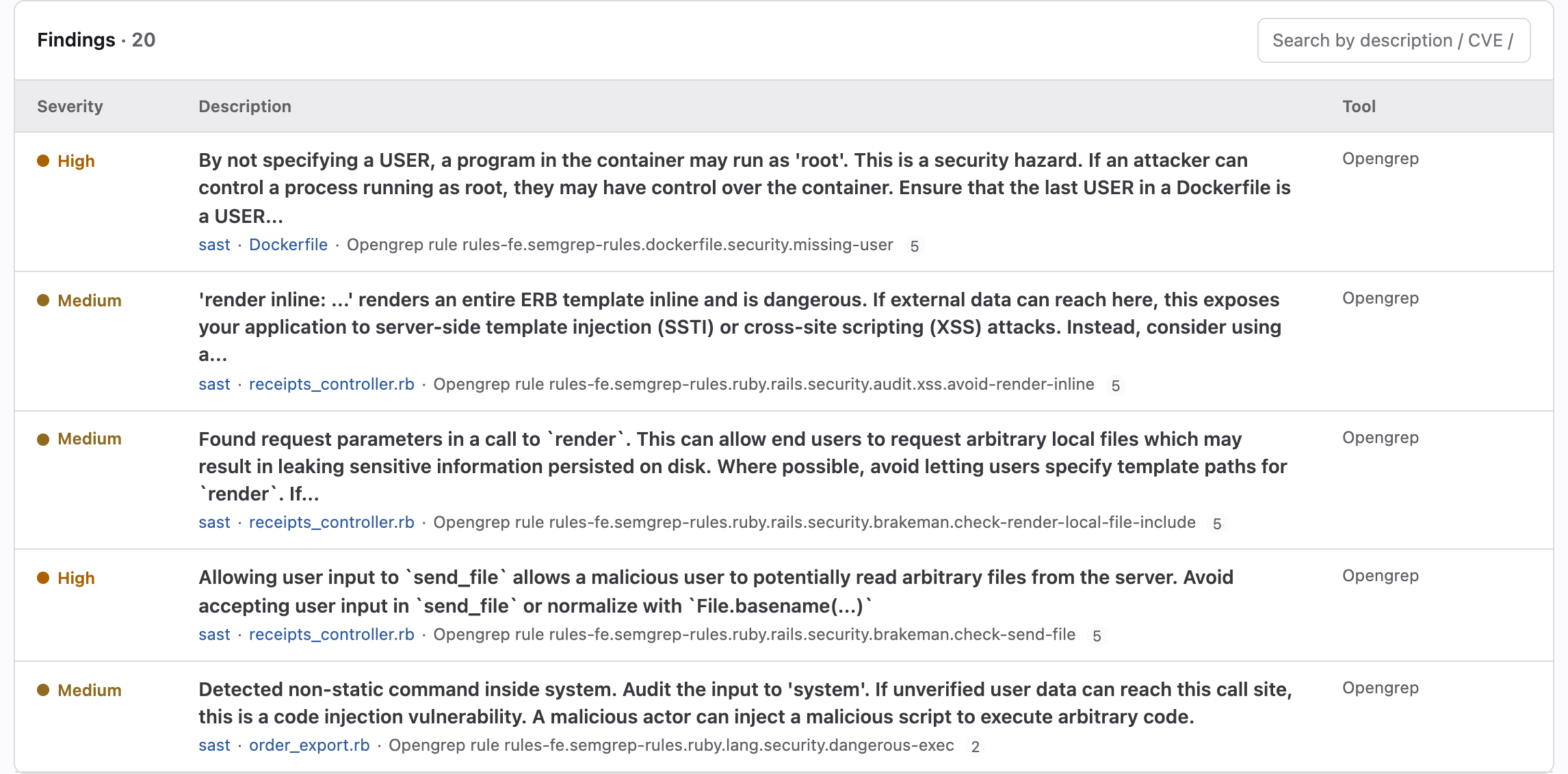 Findings from opengrep_sast in the vulnerability report’s findings list