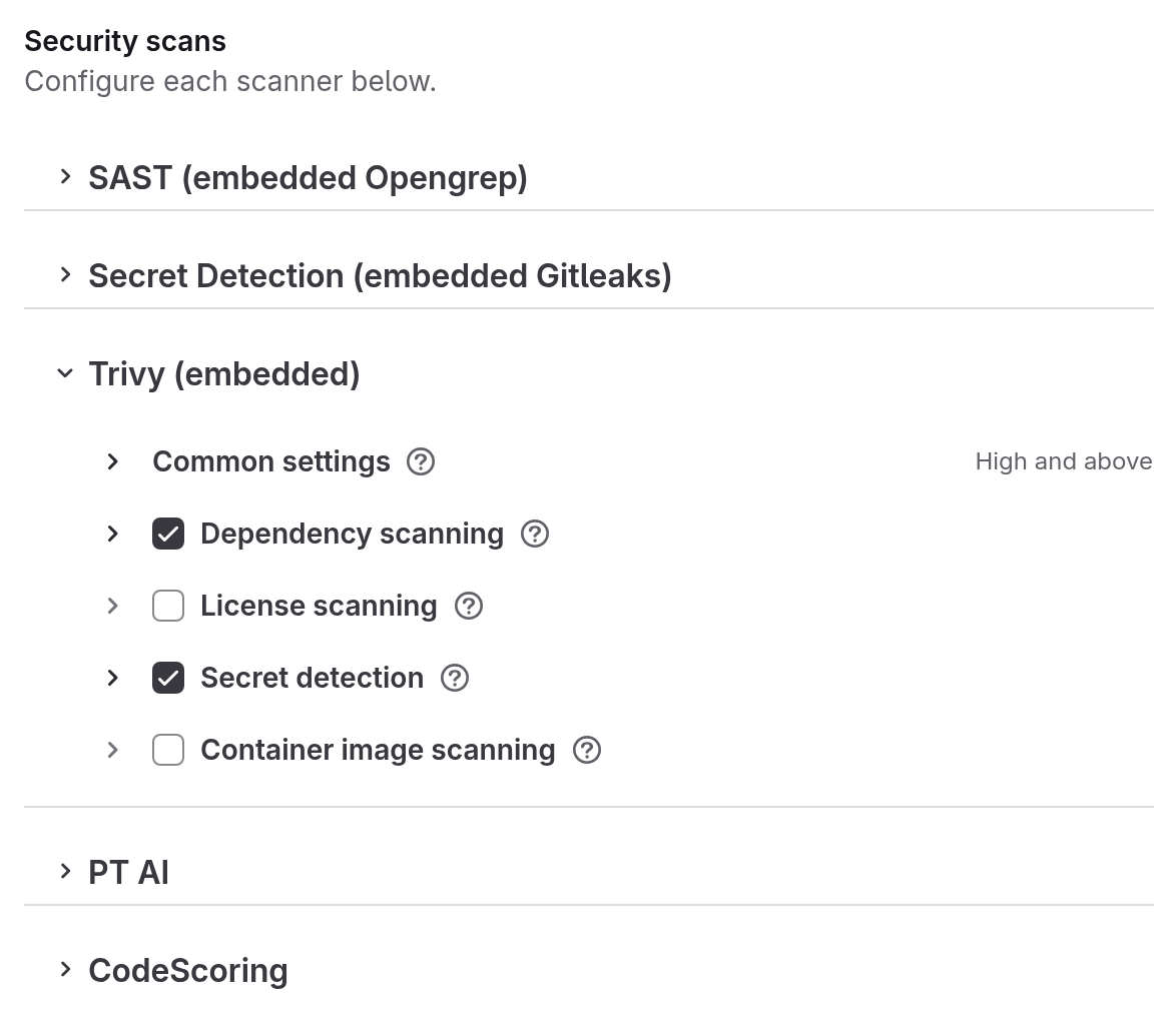 Trivy in the Security scans section of the policy editor