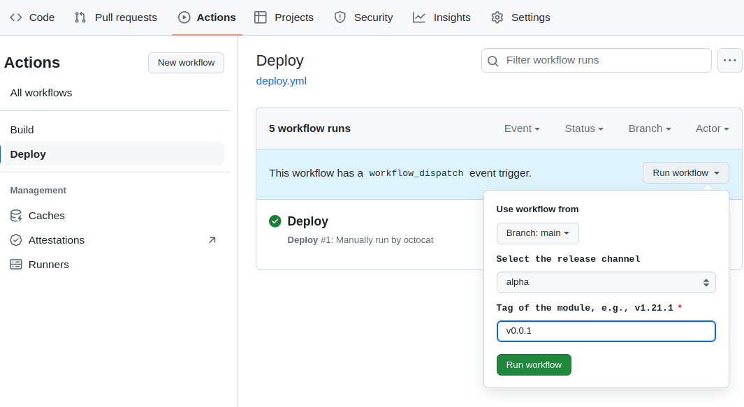 An example of starting the workflow to publish a module