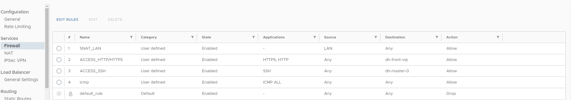 Configuring the edge gateway firewall, step 1